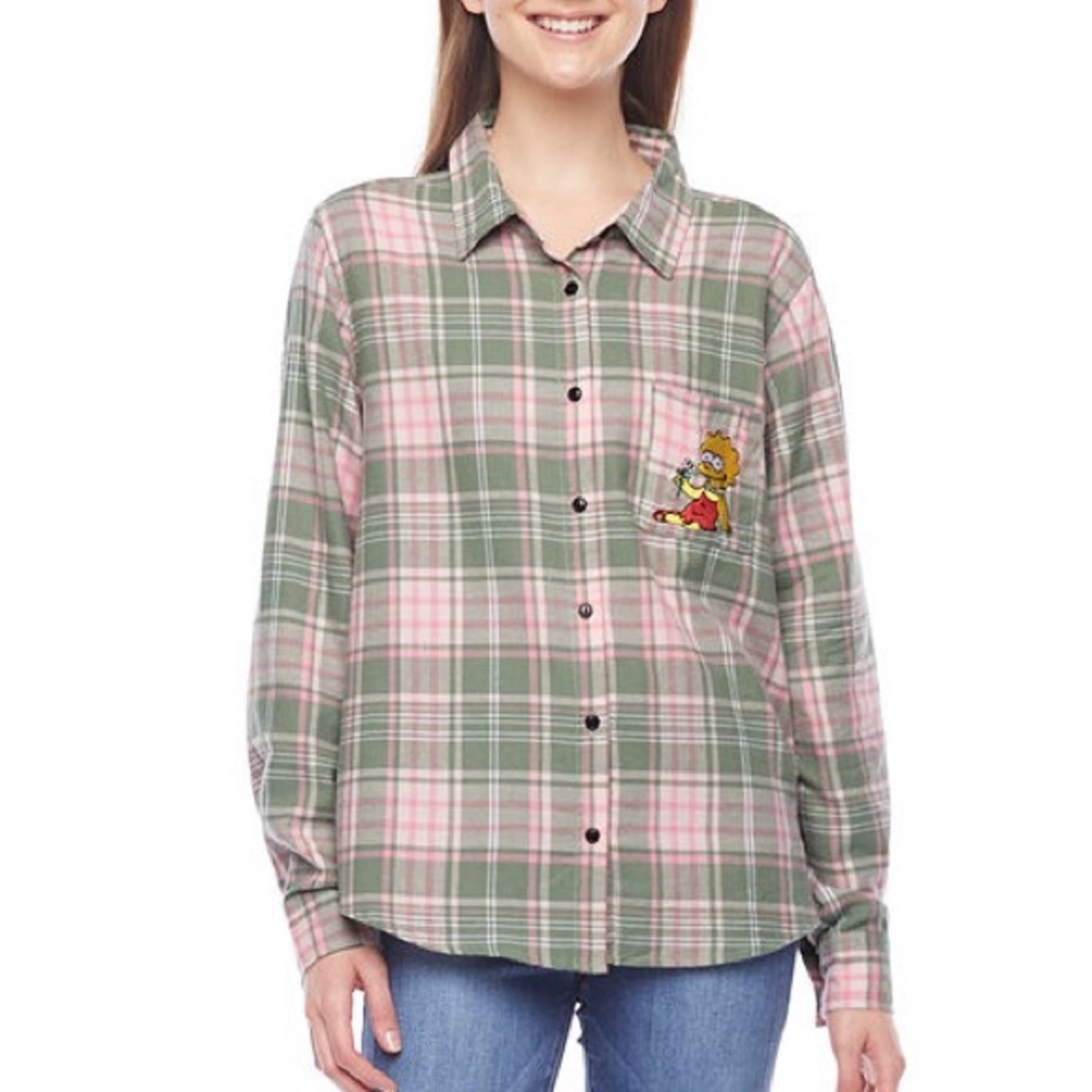 The Simpsons Flannel Plaid Shirt Embroidered Logo 100% Cotton Long Sleeve